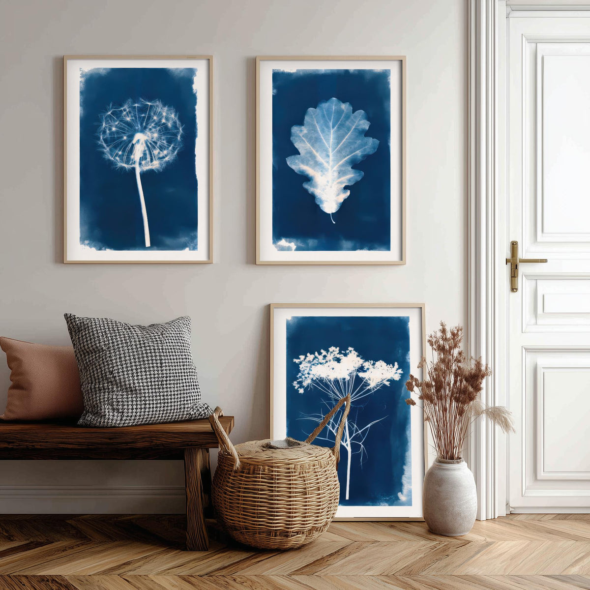 Cyanotype Botanical Set of Three Art Prints - Dandelion Clock, Oak Leaf, Cow Parsley - Blue Hedgerow Poster Illustration V2