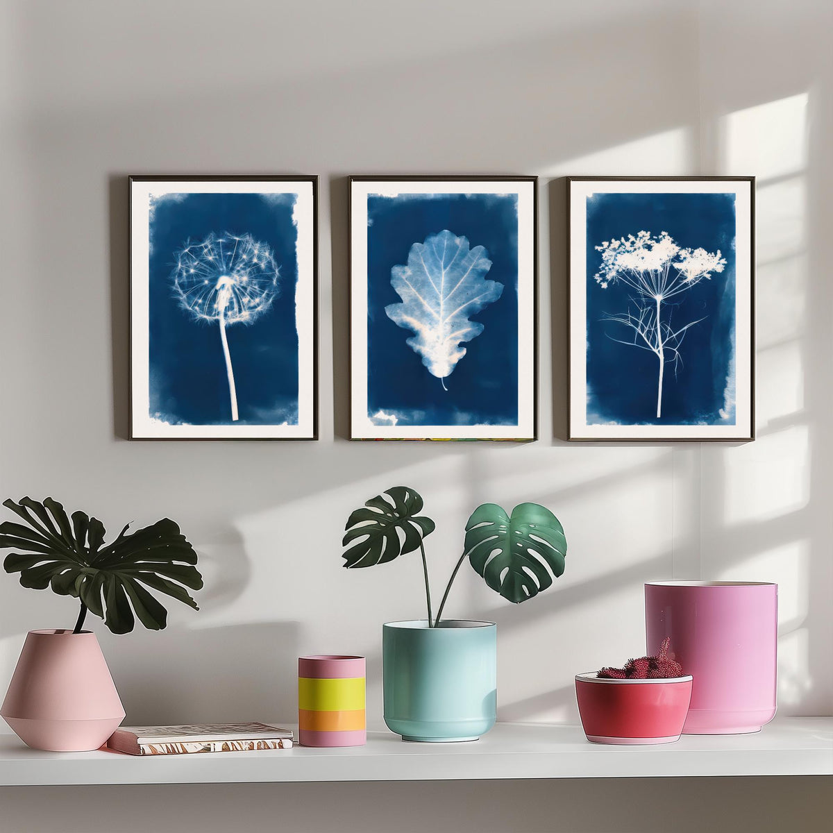 Cyanotype Botanical Set of Three Art Prints - Dandelion Clock, Oak Leaf, Cow Parsley - Blue Hedgerow Poster Illustration V2