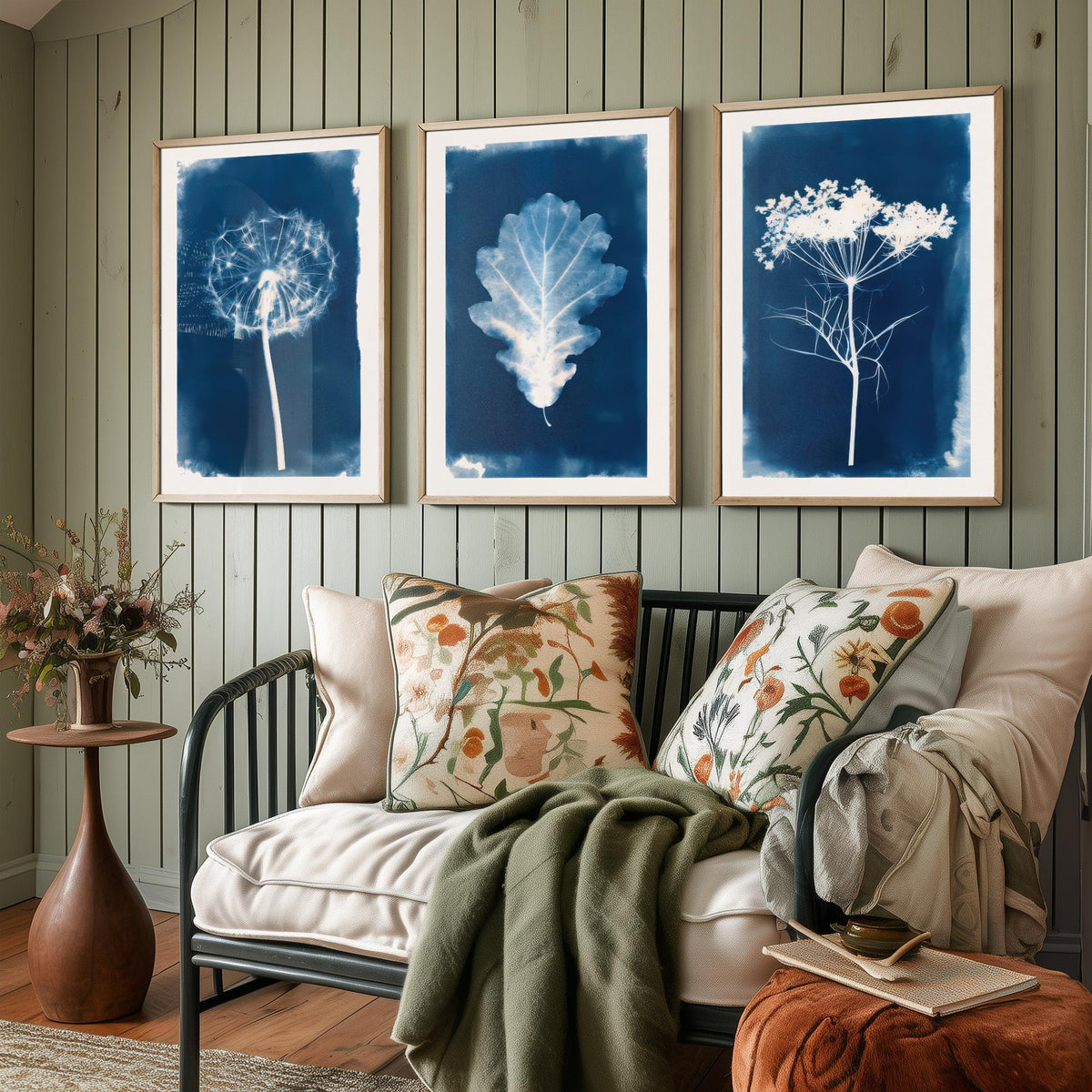 Cyanotype Botanical Set of Three Art Prints - Dandelion Clock, Oak Leaf, Cow Parsley - Blue Hedgerow Poster Illustration V2