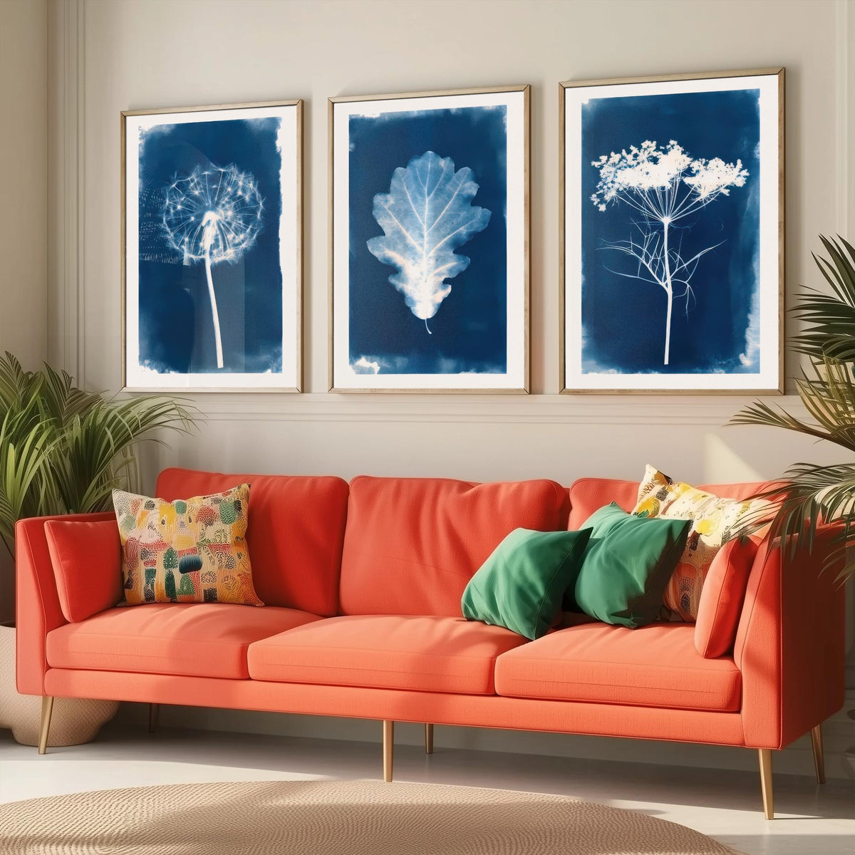 Cyanotype Botanical Set of Three Art Prints - Dandelion Clock, Oak Leaf, Cow Parsley - Blue Hedgerow Poster Illustration V2