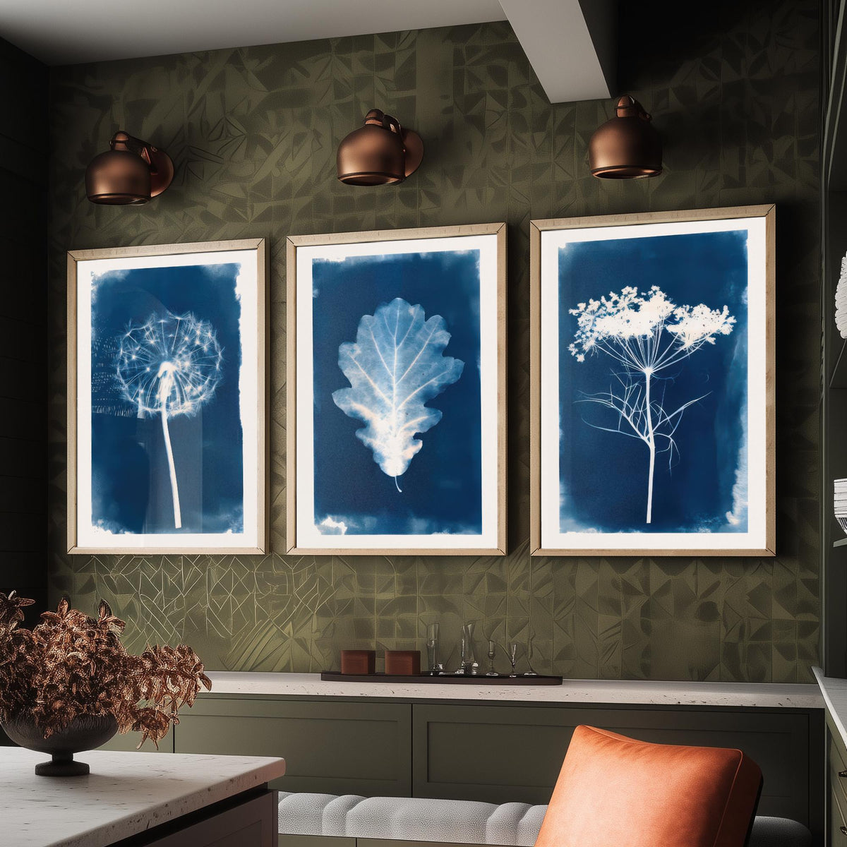 Cyanotype Botanical Set of Three Art Prints - Dandelion Clock, Oak Leaf, Cow Parsley - Blue Hedgerow Poster Illustration V2