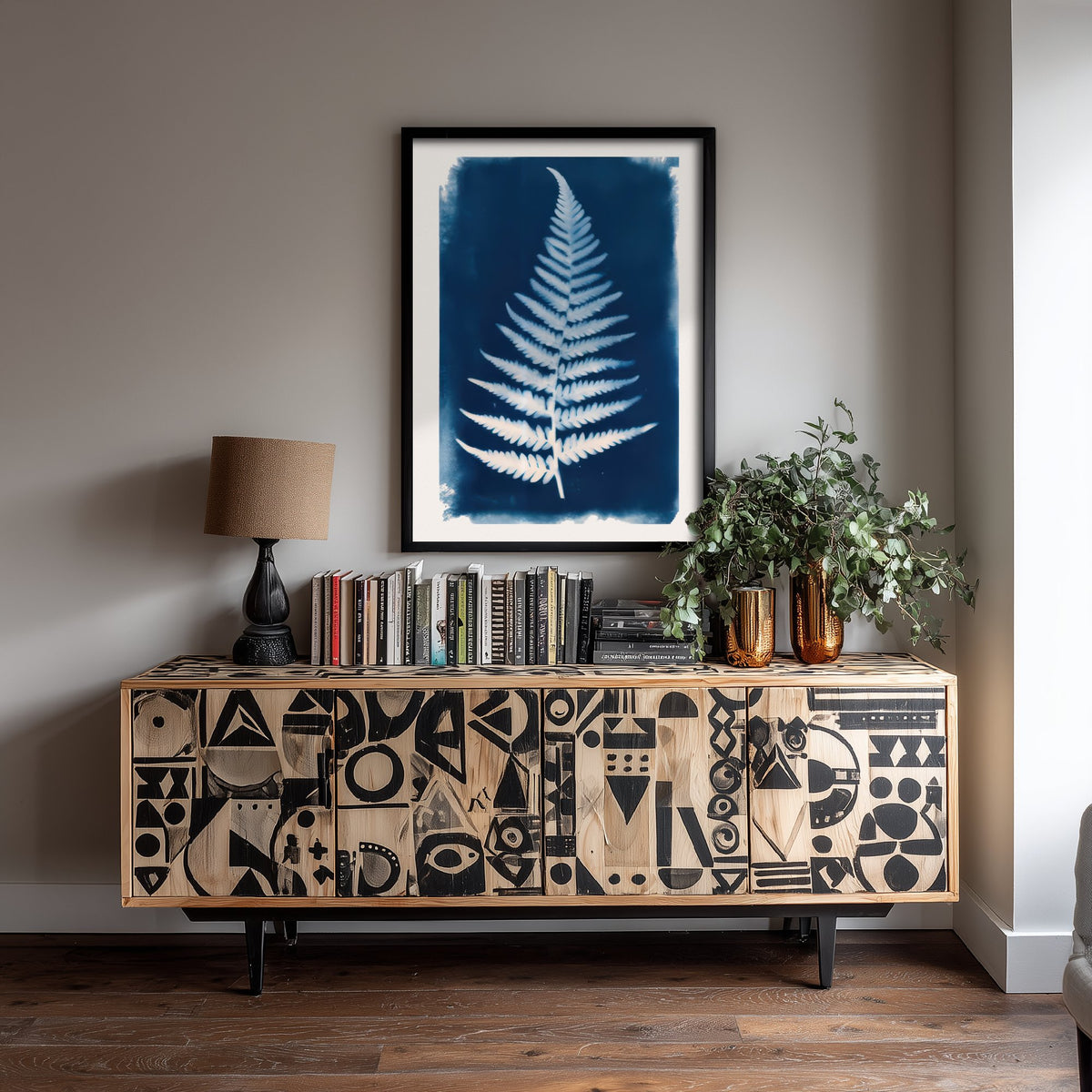Fern Frond Art Print - Cyanotype Style Blue Herbarium Poster - Woodland Fern Illustration V1 1/3