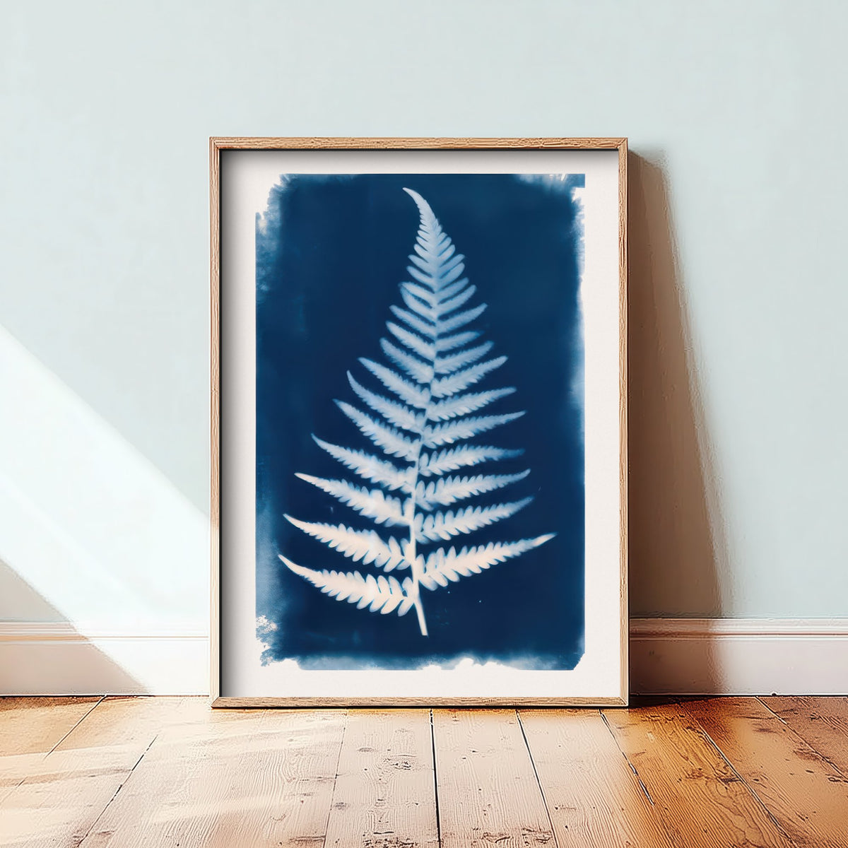 Fern Frond Art Print - Cyanotype Style Blue Herbarium Poster - Woodland Fern Illustration V1 1/3