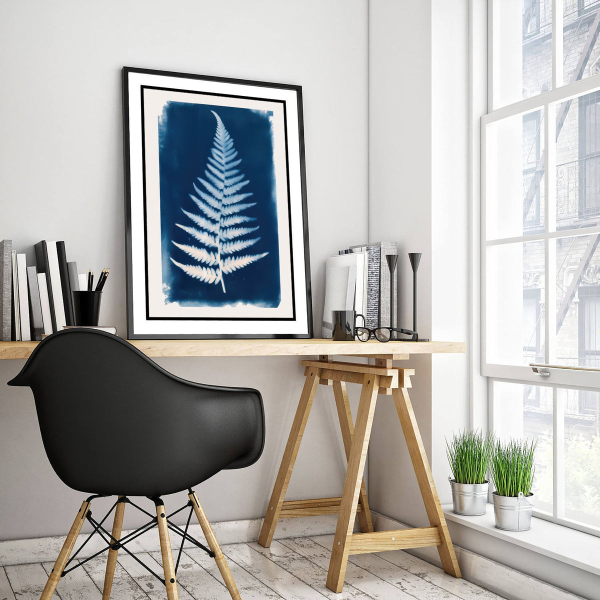 Fern Frond Art Print - Cyanotype Style Blue Herbarium Poster - Woodland Fern Illustration V1 1/3