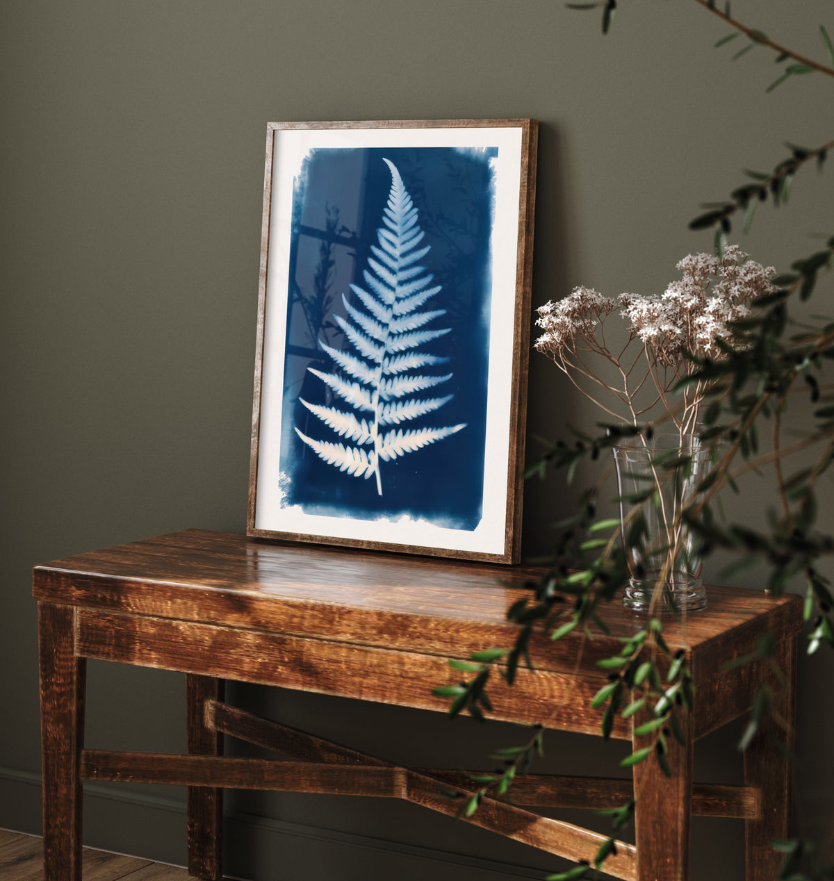 Fern Frond Art Print - Cyanotype Style Blue Herbarium Poster - Woodland Fern Illustration V1 1/3