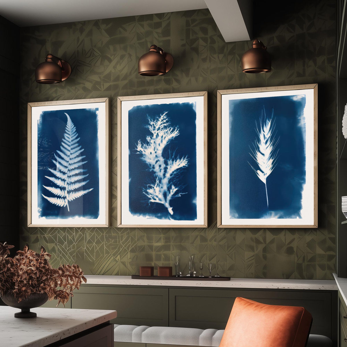 Cyanotype Botanical Set of Three Art Prints - Fern, Seaweed, Wheat - Prussian Blue Herbarium Poster Illustration V1
