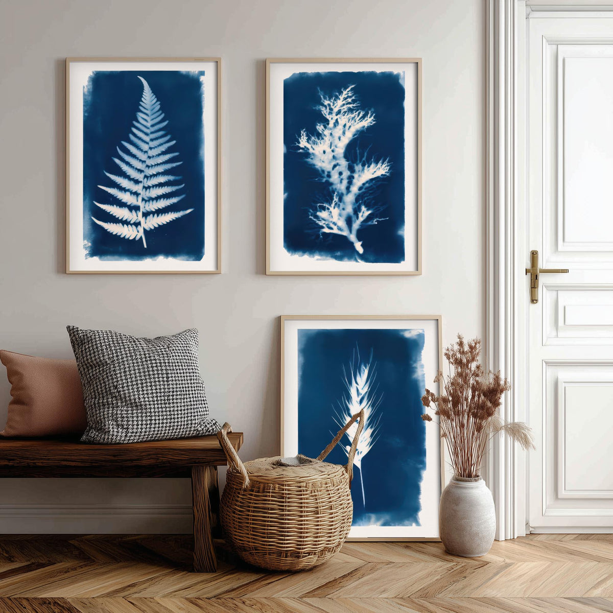 Cyanotype Botanical Set of Three Art Prints - Fern, Seaweed, Wheat - Prussian Blue Herbarium Poster Illustration V1
