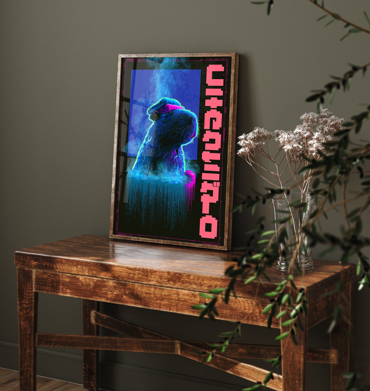 Capybara in a Hot Spring Art Print - Cyberpunk Neon Tokyo Poster - Japanese Onsen Night Illustration - Lazy Animals