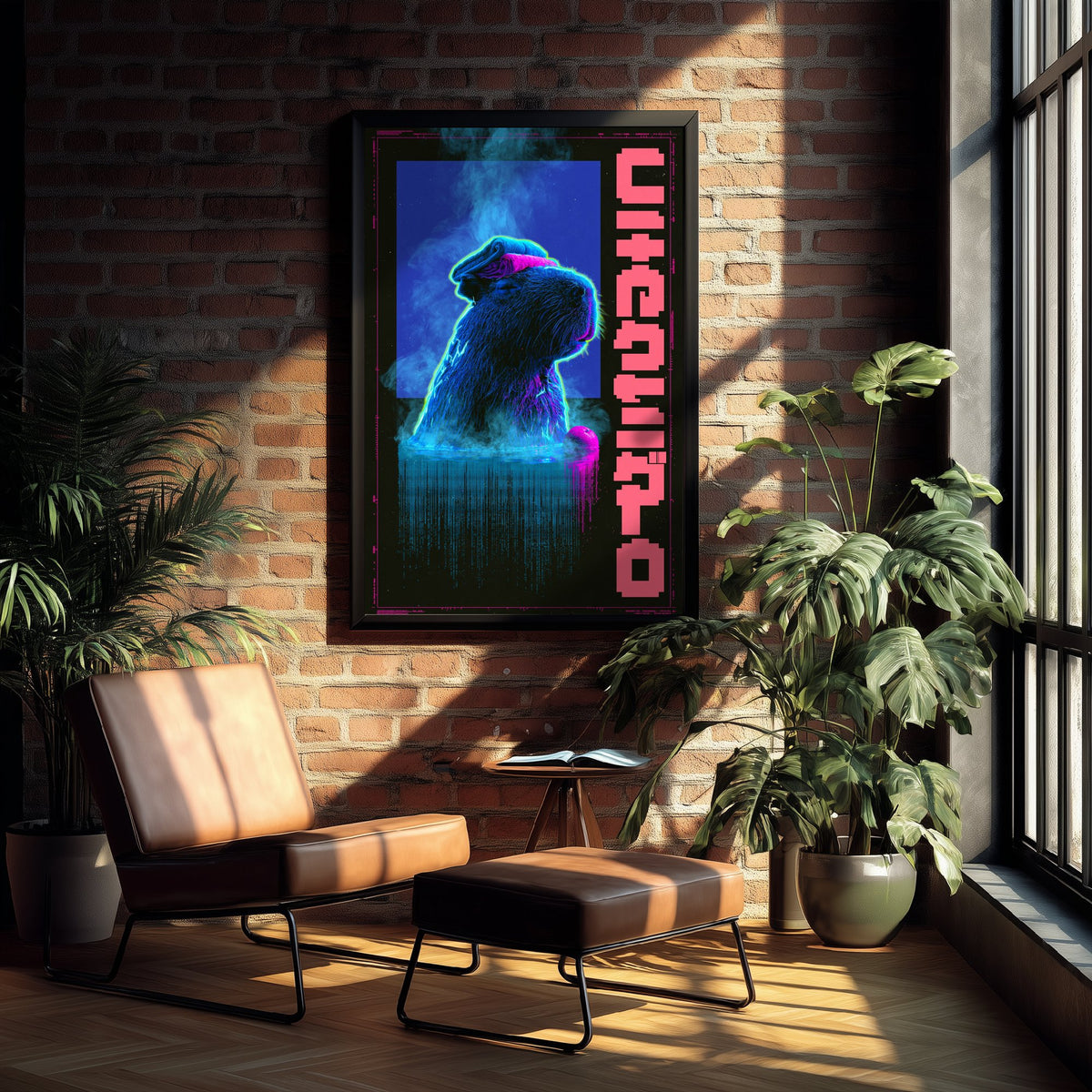Capybara in a Hot Spring Art Print - Cyberpunk Neon Tokyo Poster - Japanese Onsen Night Illustration - Lazy Animals