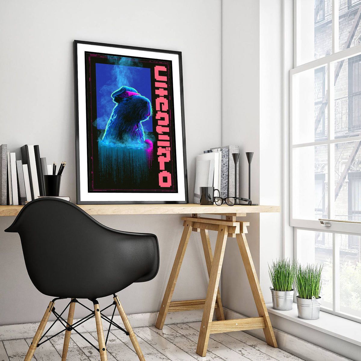 Capybara in a Hot Spring Art Print - Cyberpunk Neon Tokyo Poster - Japanese Onsen Night Illustration - Lazy Animals