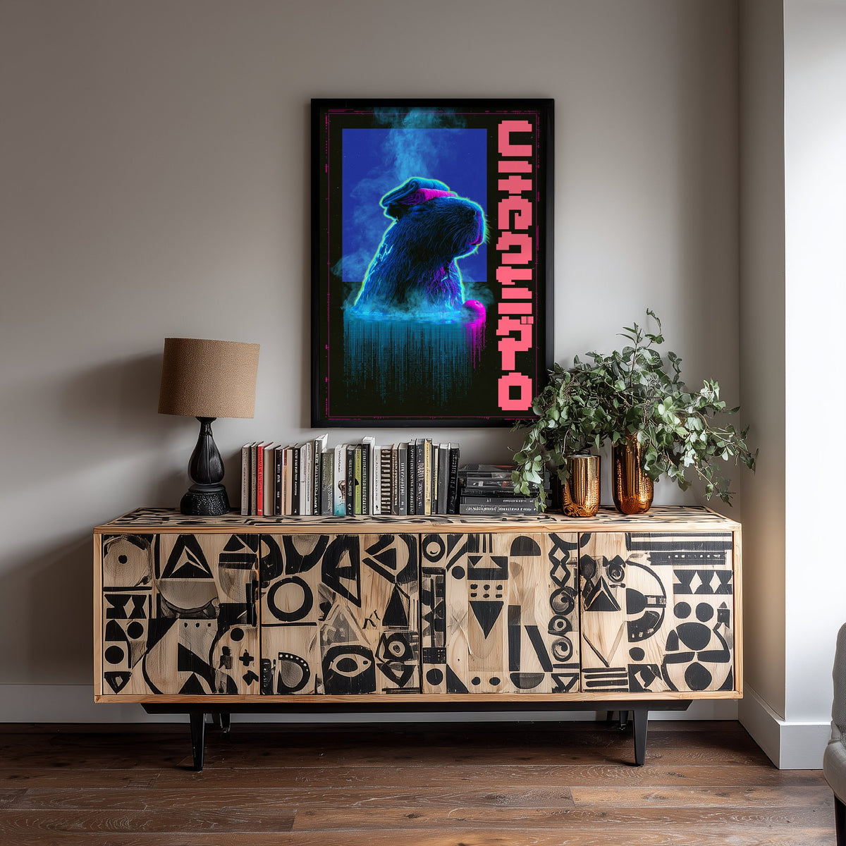 Capybara in a Hot Spring Art Print - Cyberpunk Neon Tokyo Poster - Japanese Onsen Night Illustration - Lazy Animals