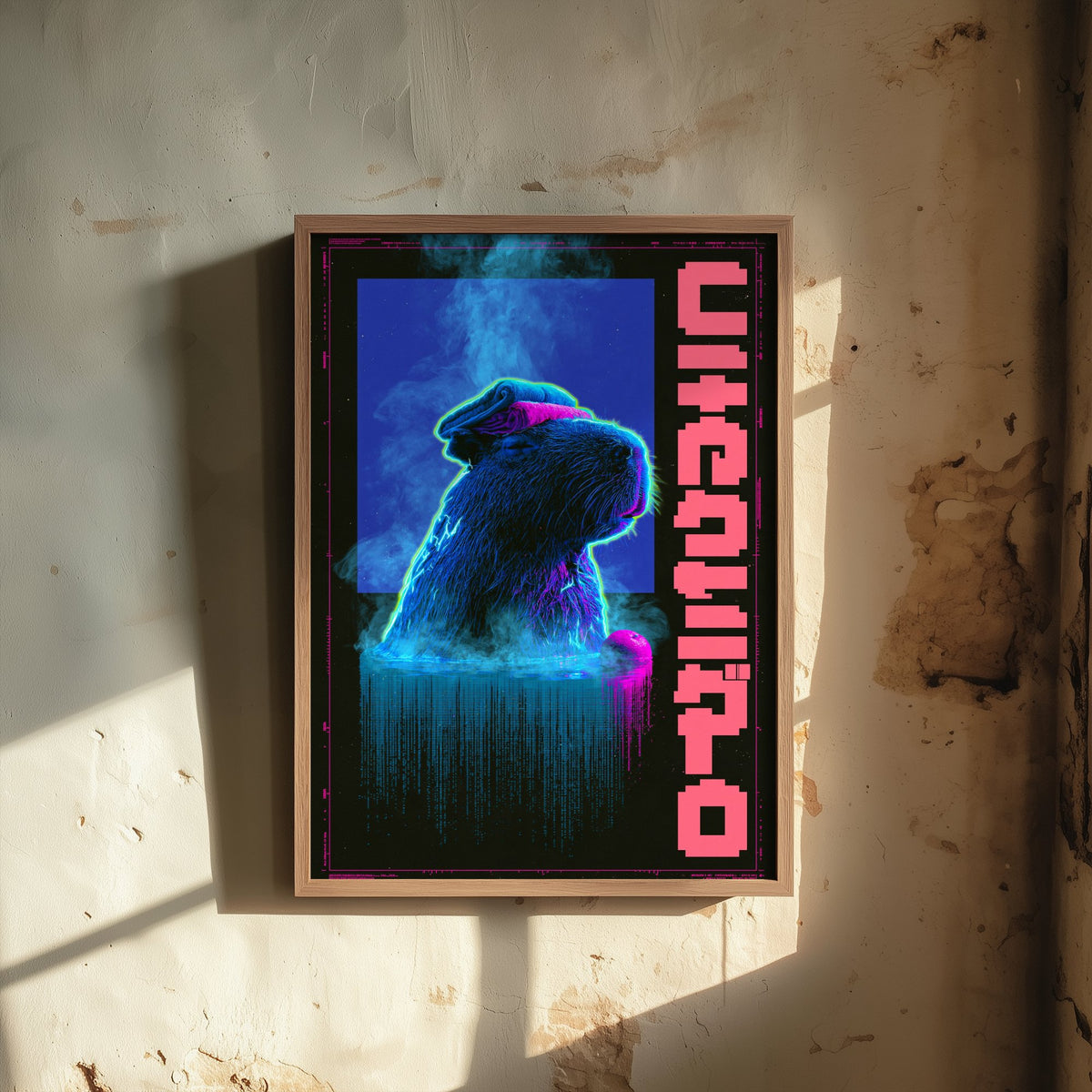 Capybara in a Hot Spring Art Print - Cyberpunk Neon Tokyo Poster - Japanese Onsen Night Illustration - Lazy Animals