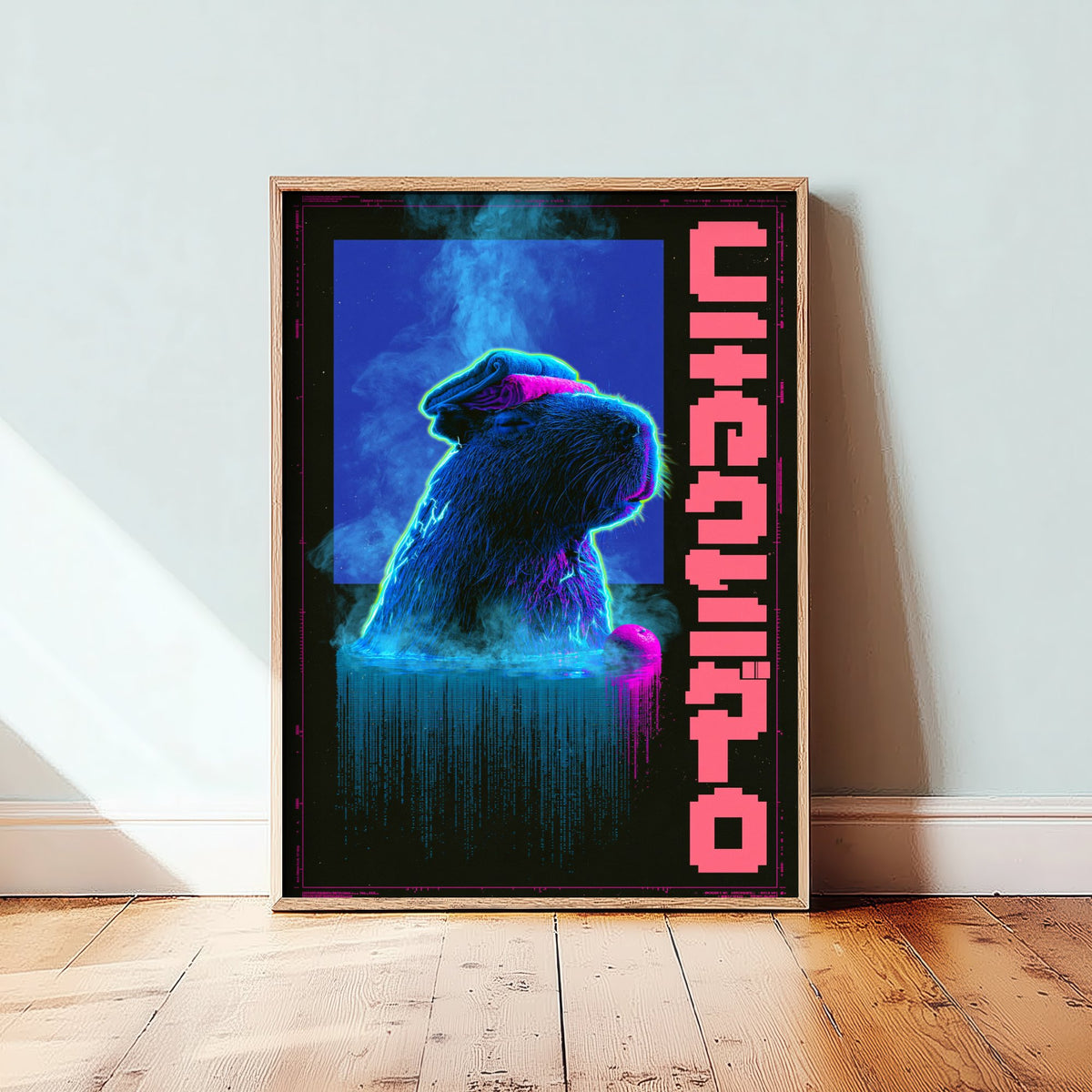 Capybara in a Hot Spring Art Print - Cyberpunk Neon Tokyo Poster - Japanese Onsen Night Illustration - Lazy Animals