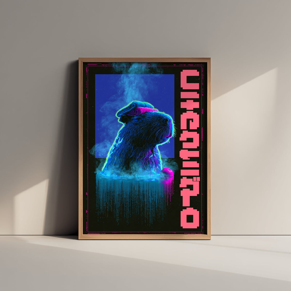 Capybara in a Hot Spring Art Print - Cyberpunk Neon Tokyo Poster - Japanese Onsen Night Illustration - Lazy Animals