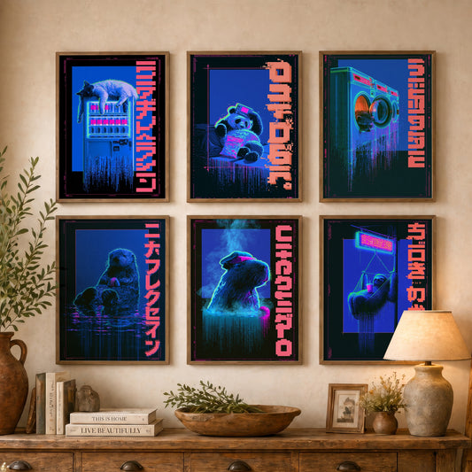 Set of Six Cyberpunk Lazy Animals Art Prints - 6 Neon Tokyo Night Posters - Cat, Panda, Tanuki, Sea Otter, Capybara, Sloth Illustrations