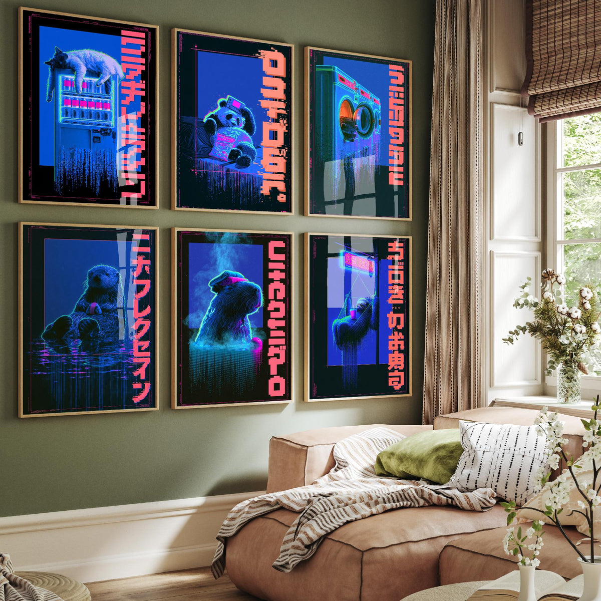 Set of Six Cyberpunk Lazy Animals Art Prints - 6 Neon Tokyo Night Posters - Cat, Panda, Tanuki, Sea Otter, Capybara, Sloth Illustrations