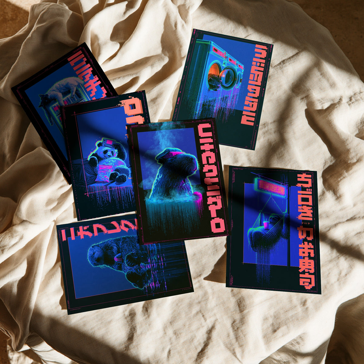 Set of Six Cyberpunk Lazy Animals Art Prints - 6 Neon Tokyo Night Posters - Cat, Panda, Tanuki, Sea Otter, Capybara, Sloth Illustrations
