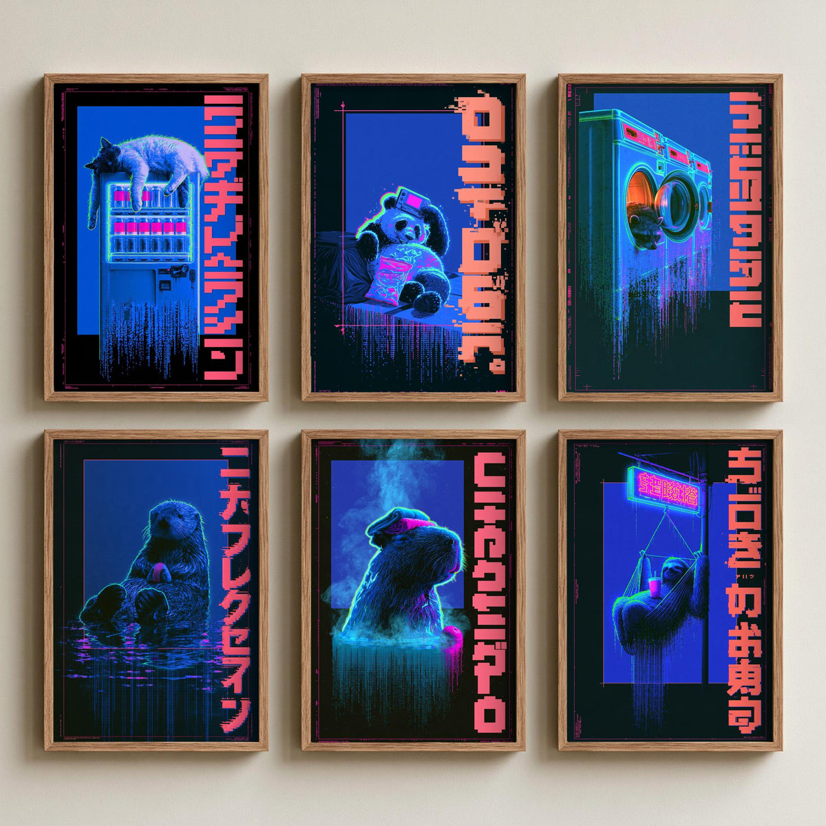 Set of Six Cyberpunk Lazy Animals Art Prints - 6 Neon Tokyo Night Posters - Cat, Panda, Tanuki, Sea Otter, Capybara, Sloth Illustrations