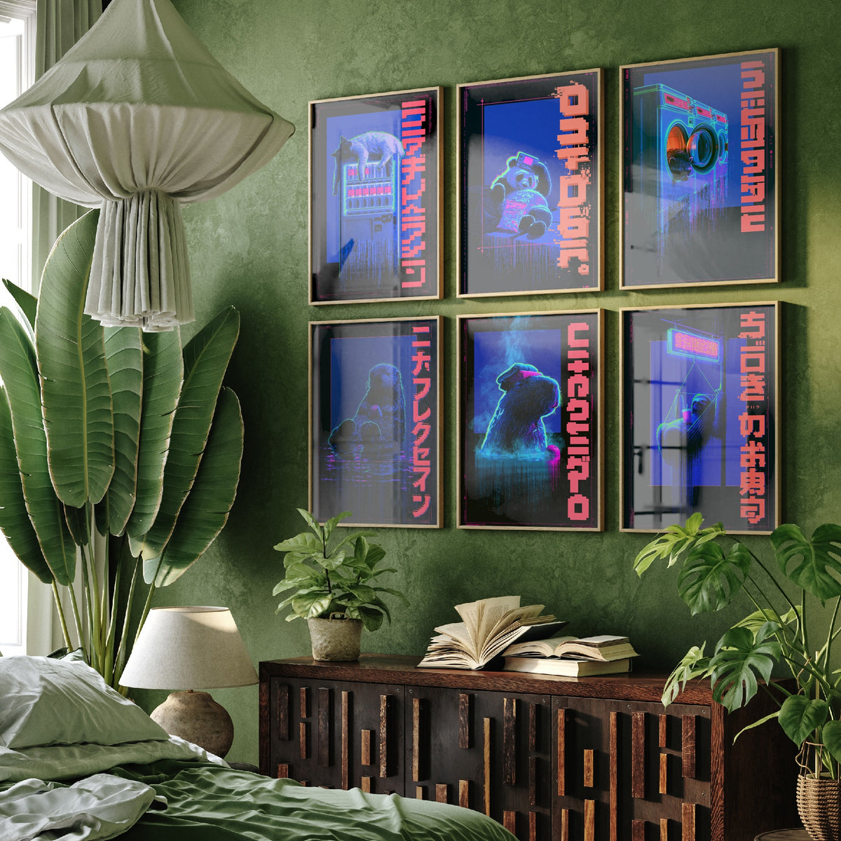 Set of Six Cyberpunk Lazy Animals Art Prints - 6 Neon Tokyo Night Posters - Cat, Panda, Tanuki, Sea Otter, Capybara, Sloth Illustrations