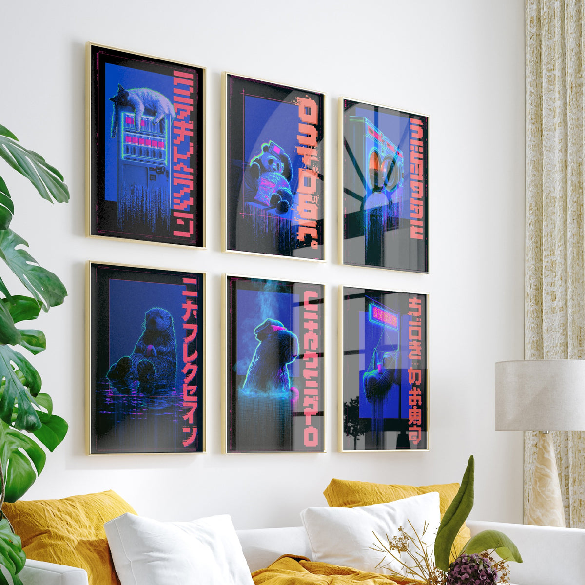 Set of Six Cyberpunk Lazy Animals Art Prints - 6 Neon Tokyo Night Posters - Cat, Panda, Tanuki, Sea Otter, Capybara, Sloth Illustrations