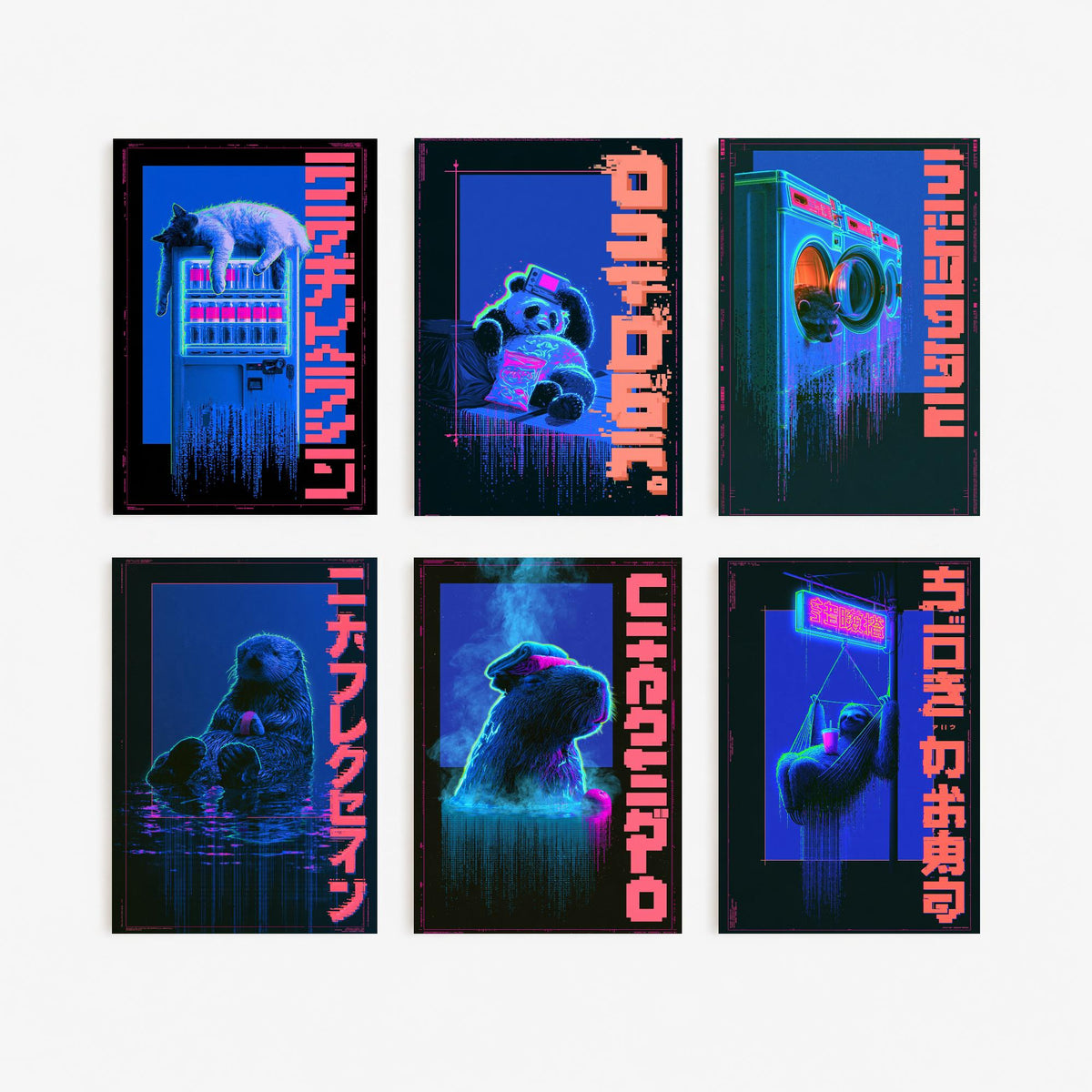 Set of Six Cyberpunk Lazy Animals Art Prints - 6 Neon Tokyo Night Posters - Cat, Panda, Tanuki, Sea Otter, Capybara, Sloth Illustrations
