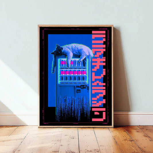 Cat on a Vending Machine Art Print - Cyberpunk Neon Tokyo Poster - Japanese Night City Illustration - Lazy Animals
