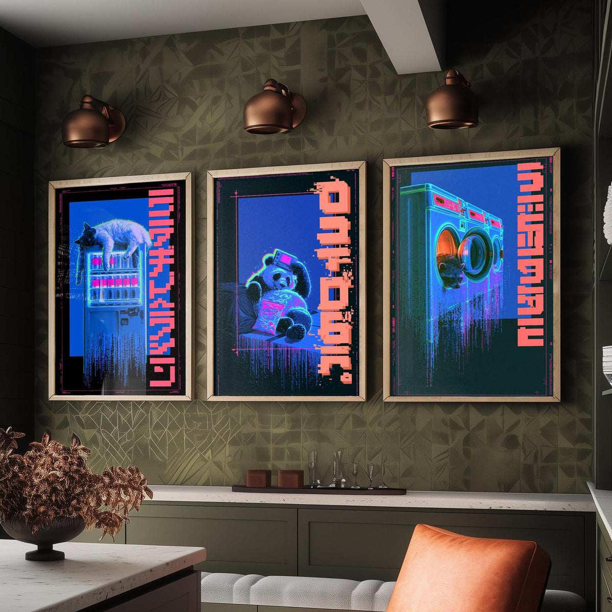 Cyberpunk Lazy Animals Set of Three Art Prints - Cat, Panda and Tanuki in Neon Tokyo - Japanese Night Posters, Synthwave Illustrations V1