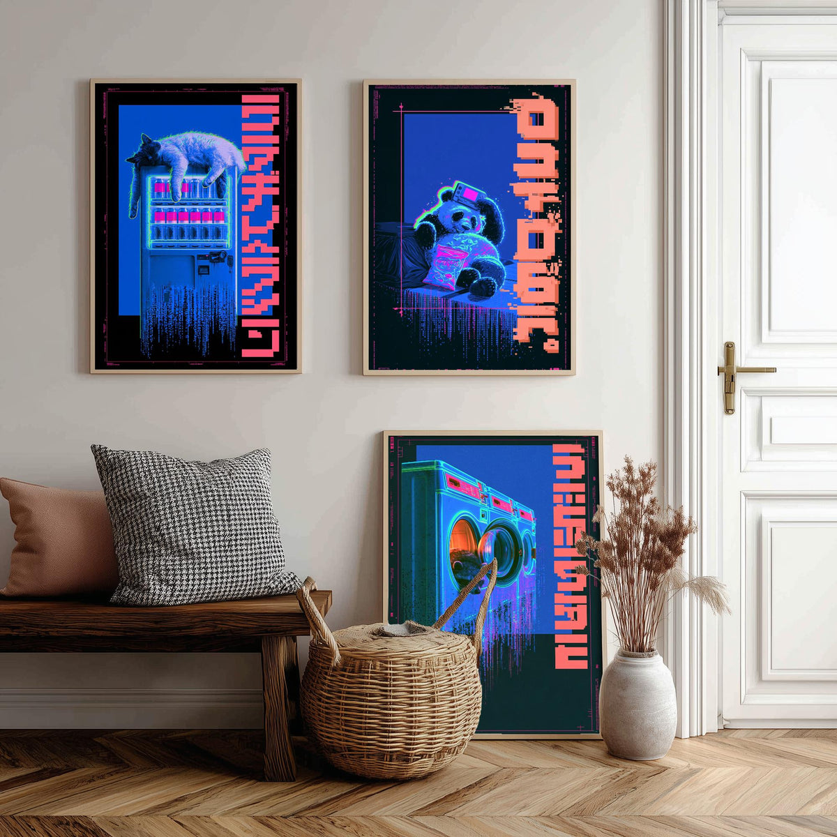 Cyberpunk Lazy Animals Set of Three Art Prints - Cat, Panda and Tanuki in Neon Tokyo - Japanese Night Posters, Synthwave Illustrations V1