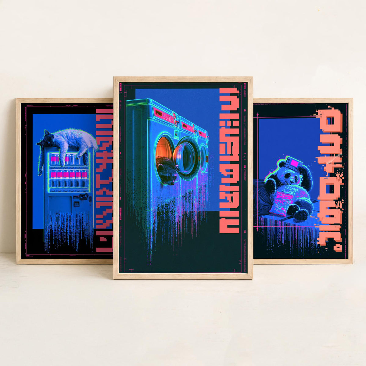 Cyberpunk Lazy Animals Set of Three Art Prints - Cat, Panda and Tanuki in Neon Tokyo - Japanese Night Posters, Synthwave Illustrations V1