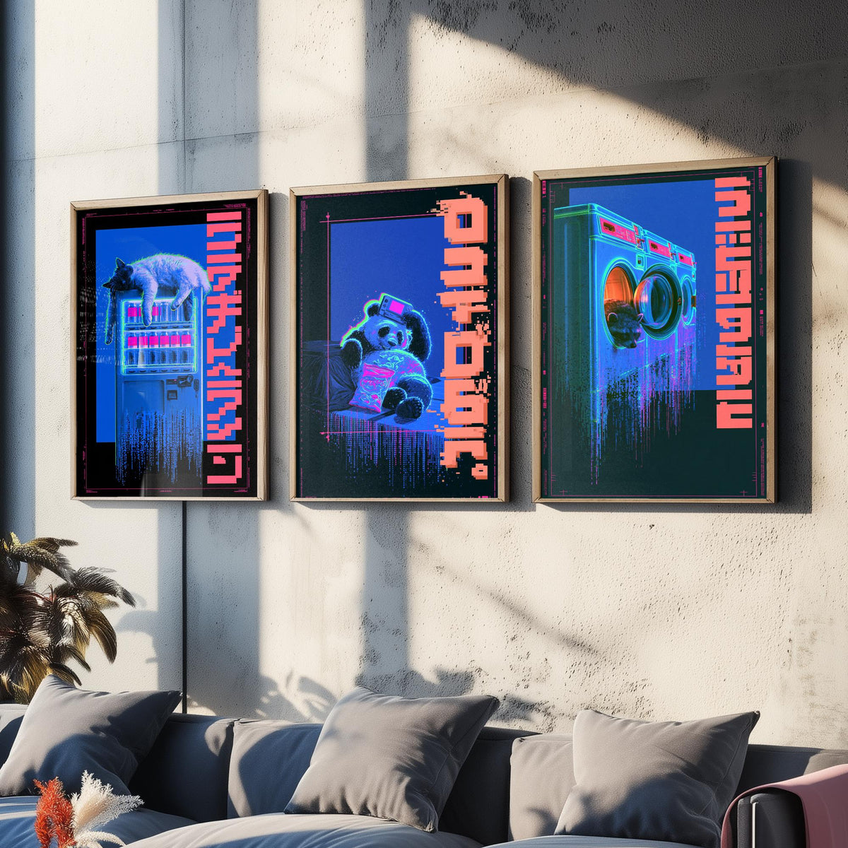 Cyberpunk Lazy Animals Set of Three Art Prints - Cat, Panda and Tanuki in Neon Tokyo - Japanese Night Posters, Synthwave Illustrations V1