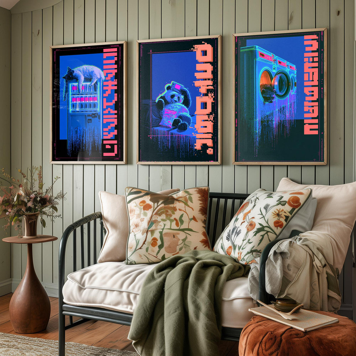 Cyberpunk Lazy Animals Set of Three Art Prints - Cat, Panda and Tanuki in Neon Tokyo - Japanese Night Posters, Synthwave Illustrations V1