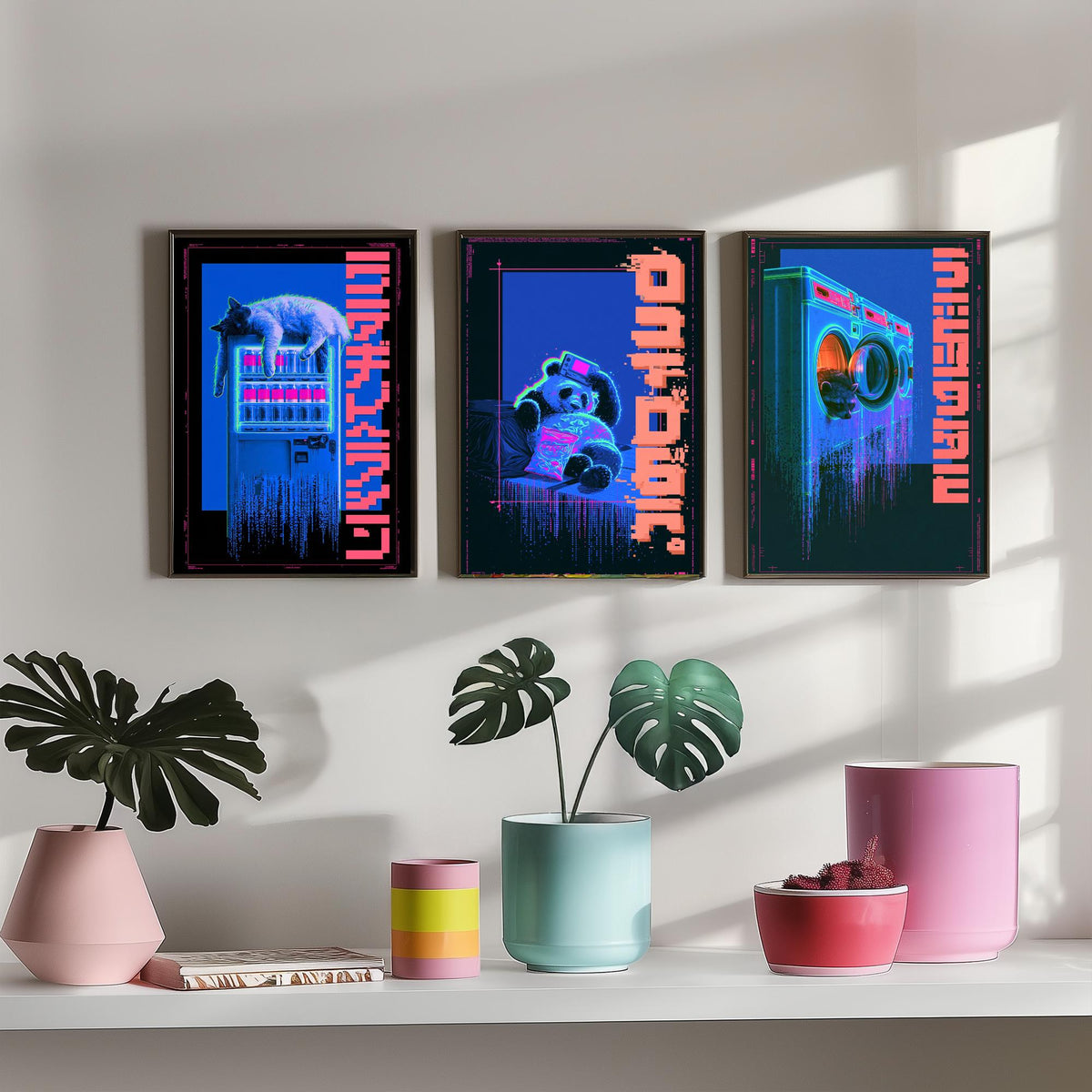 Cyberpunk Lazy Animals Set of Three Art Prints - Cat, Panda and Tanuki in Neon Tokyo - Japanese Night Posters, Synthwave Illustrations V1