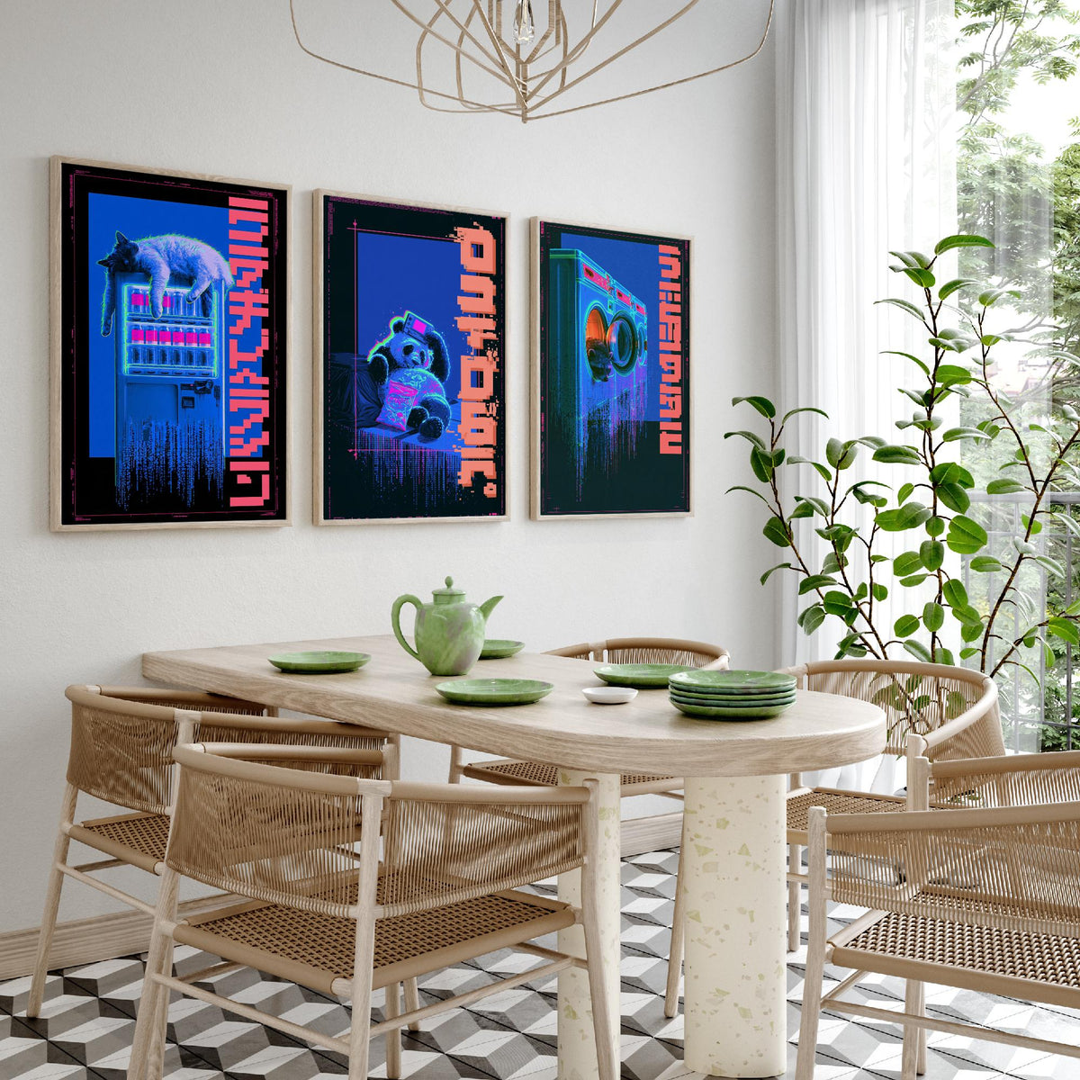 Cyberpunk Lazy Animals Set of Three Art Prints - Cat, Panda and Tanuki in Neon Tokyo - Japanese Night Posters, Synthwave Illustrations V1