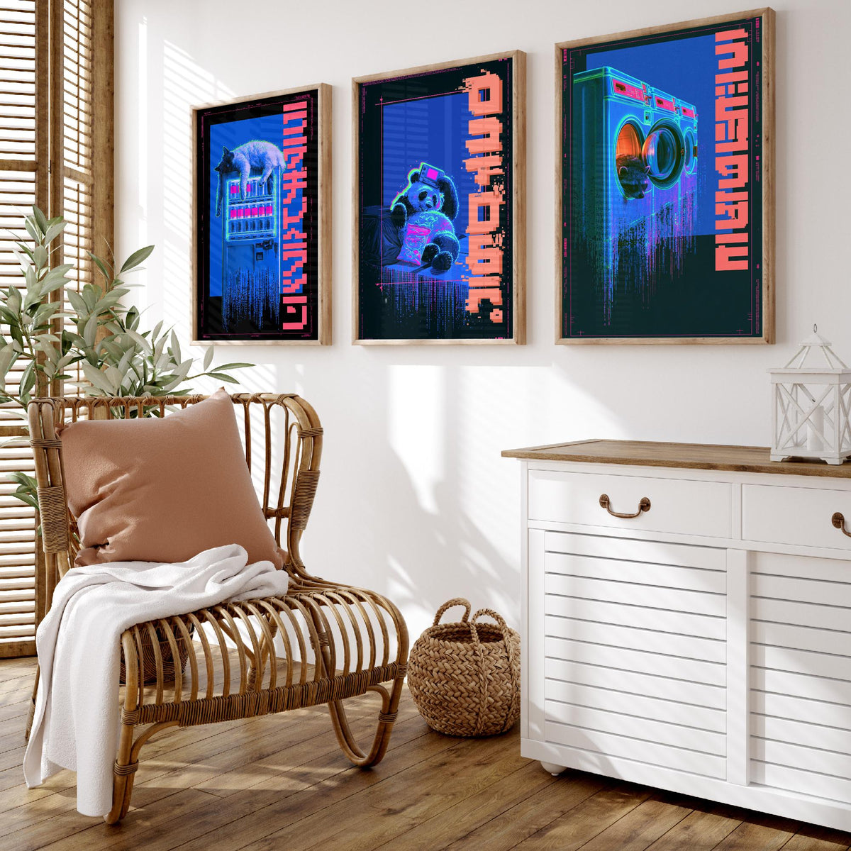Cyberpunk Lazy Animals Set of Three Art Prints - Cat, Panda and Tanuki in Neon Tokyo - Japanese Night Posters, Synthwave Illustrations V1