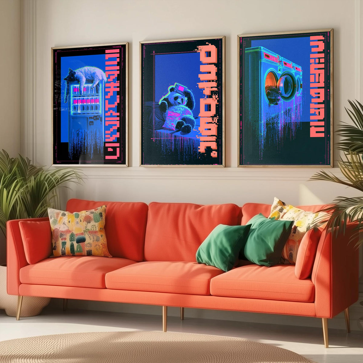 Cyberpunk Lazy Animals Set of Three Art Prints - Cat, Panda and Tanuki in Neon Tokyo - Japanese Night Posters, Synthwave Illustrations V1