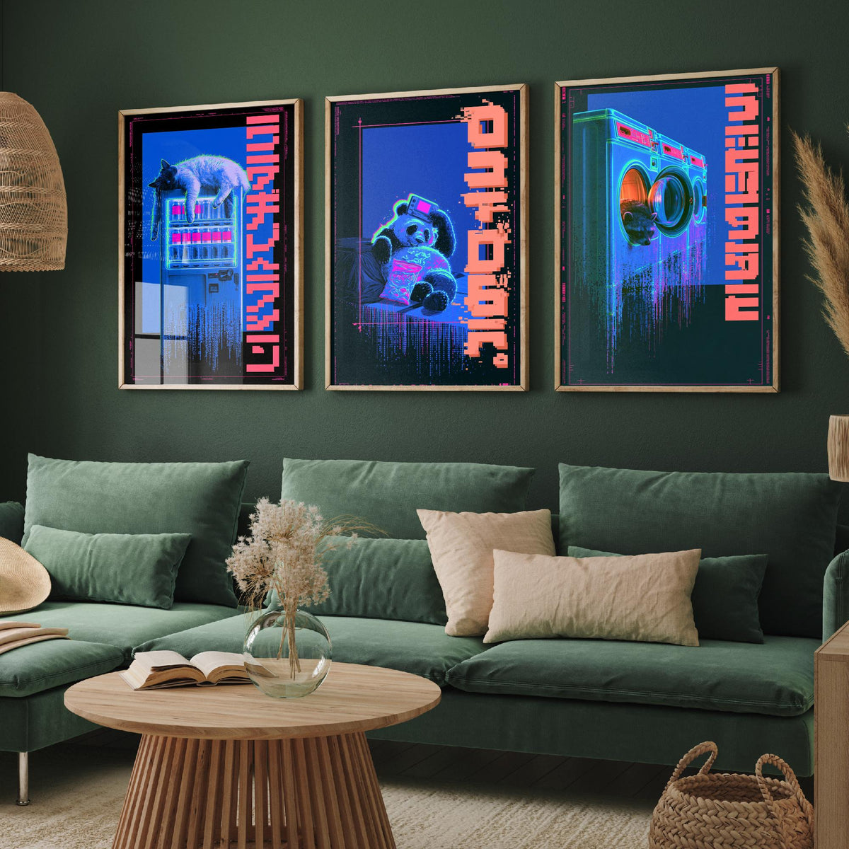 Cyberpunk Lazy Animals Set of Three Art Prints - Cat, Panda and Tanuki in Neon Tokyo - Japanese Night Posters, Synthwave Illustrations V1