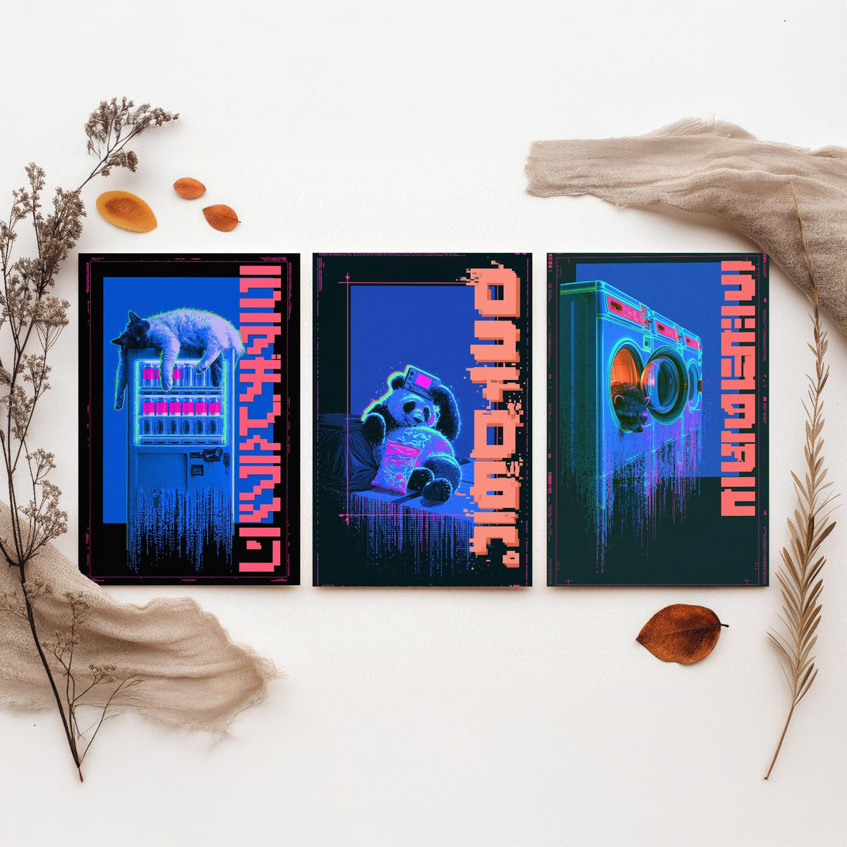 Cyberpunk Lazy Animals Set of Three Art Prints - Cat, Panda and Tanuki in Neon Tokyo - Japanese Night Posters, Synthwave Illustrations V1