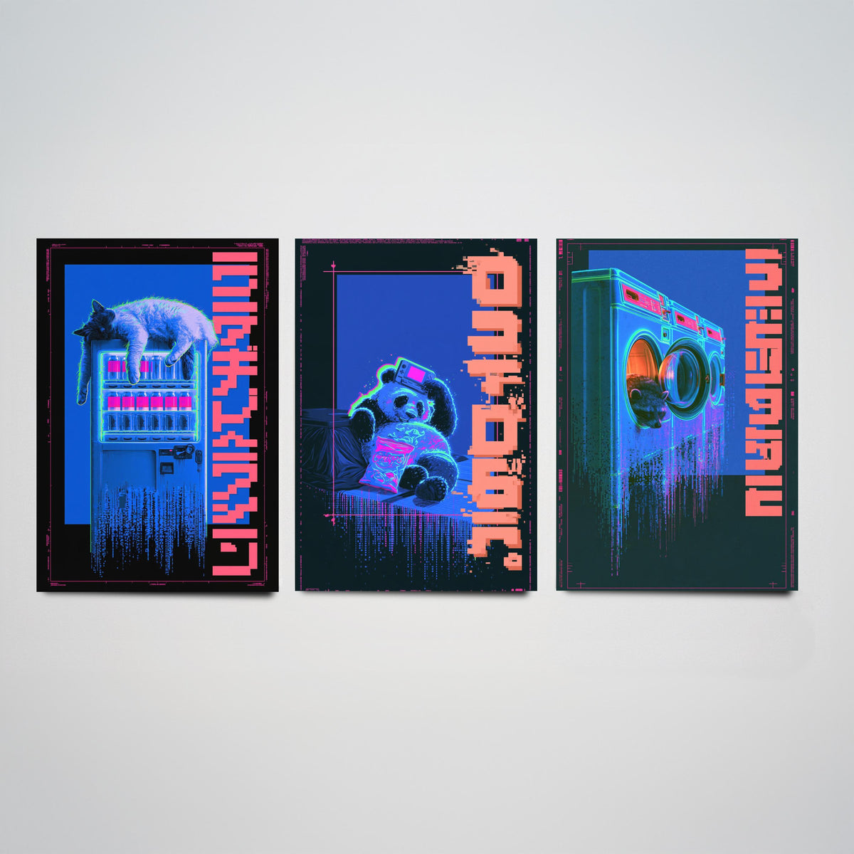 Cyberpunk Lazy Animals Set of Three Art Prints - Cat, Panda and Tanuki in Neon Tokyo - Japanese Night Posters, Synthwave Illustrations V1
