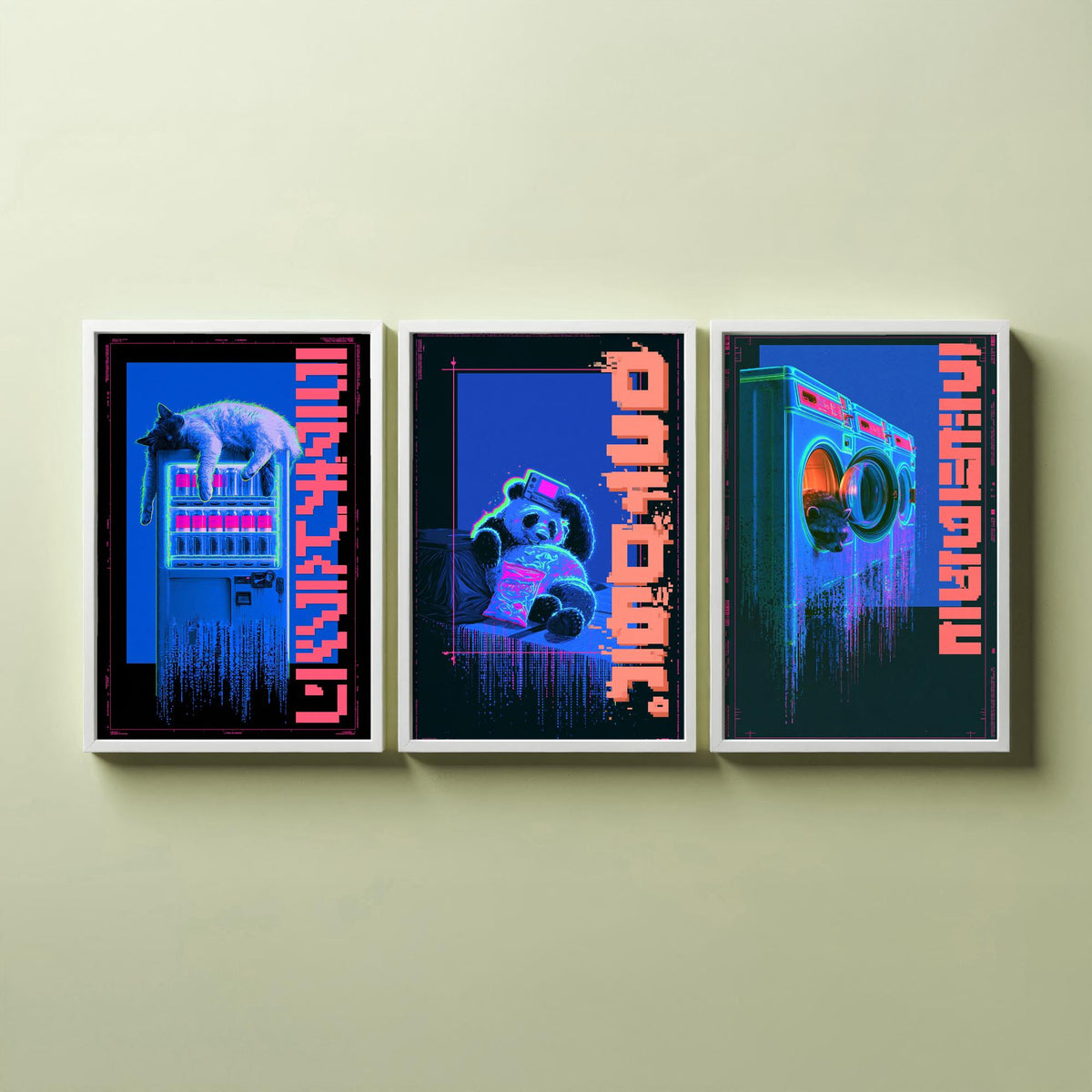 Cyberpunk Lazy Animals Set of Three Art Prints - Cat, Panda and Tanuki in Neon Tokyo - Japanese Night Posters, Synthwave Illustrations V1
