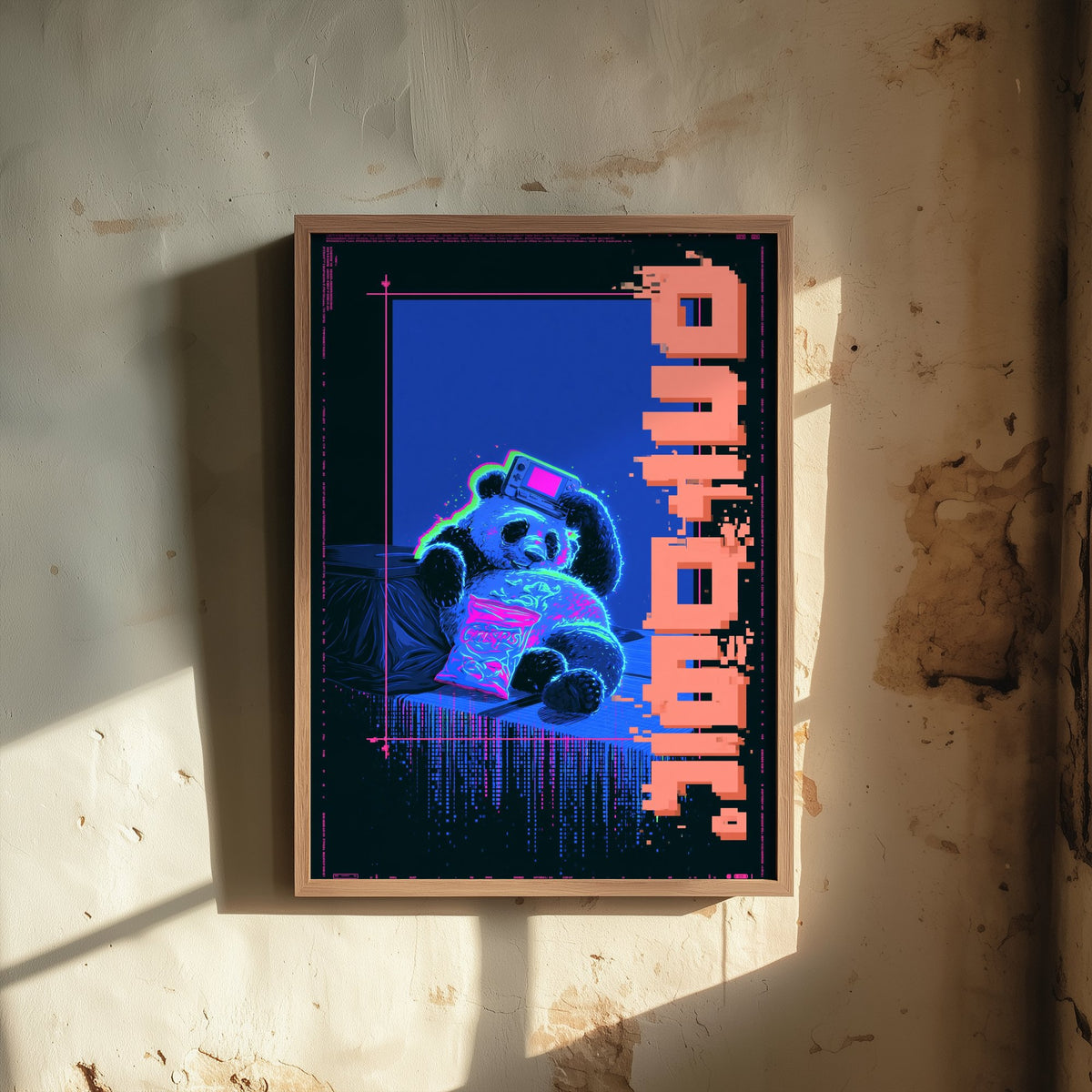 Panda with a Handheld Console Art Print - Cyberpunk Neon Tokyo Poster - Japanese Night City Illustration - Lazy Animals