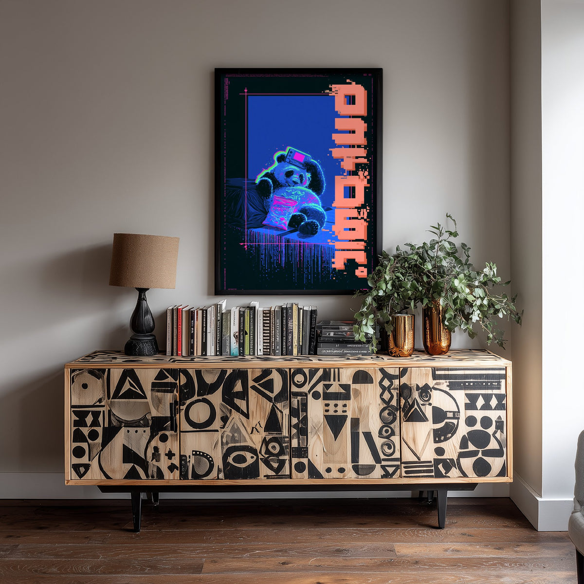 Panda with a Handheld Console Art Print - Cyberpunk Neon Tokyo Poster - Japanese Night City Illustration - Lazy Animals