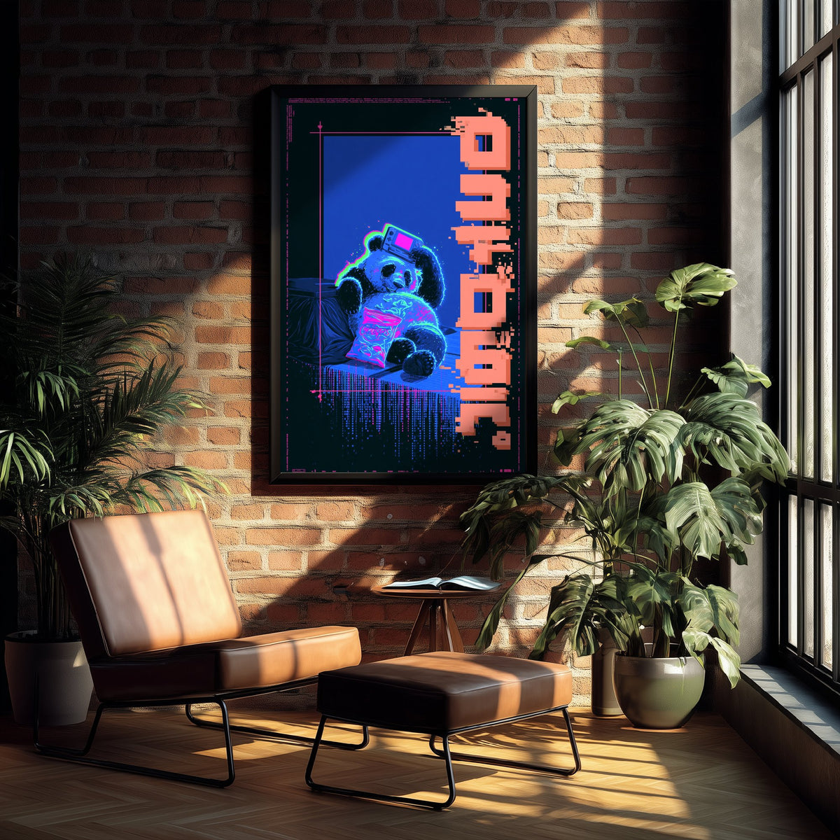 Panda with a Handheld Console Art Print - Cyberpunk Neon Tokyo Poster - Japanese Night City Illustration - Lazy Animals