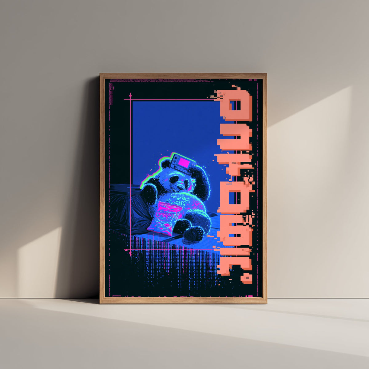 Panda with a Handheld Console Art Print - Cyberpunk Neon Tokyo Poster - Japanese Night City Illustration - Lazy Animals