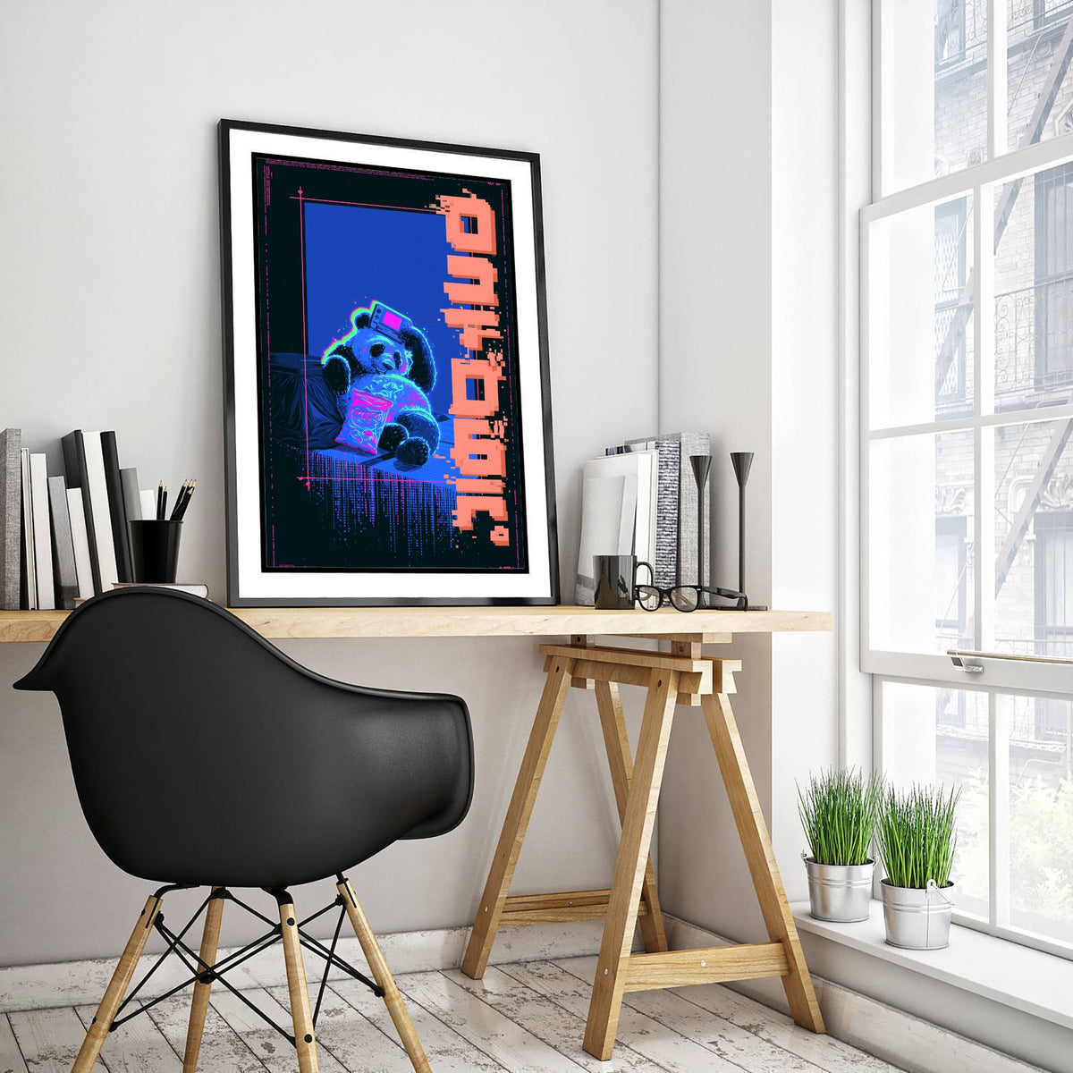 Panda with a Handheld Console Art Print - Cyberpunk Neon Tokyo Poster - Japanese Night City Illustration - Lazy Animals