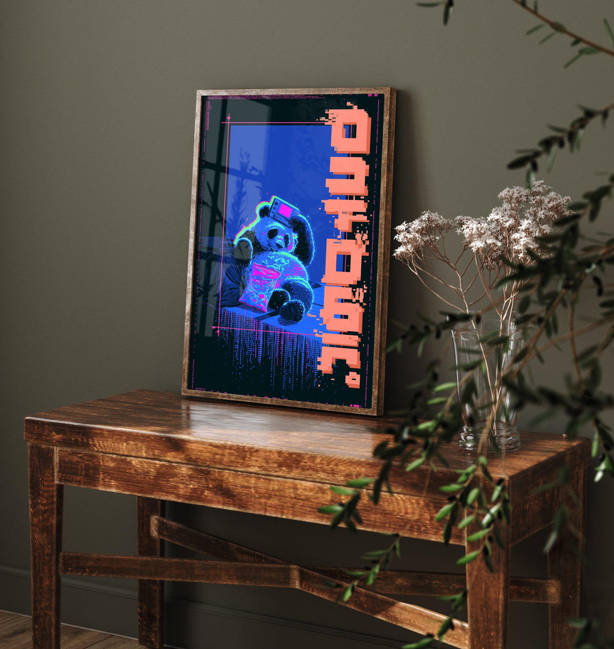Panda with a Handheld Console Art Print - Cyberpunk Neon Tokyo Poster - Japanese Night City Illustration - Lazy Animals