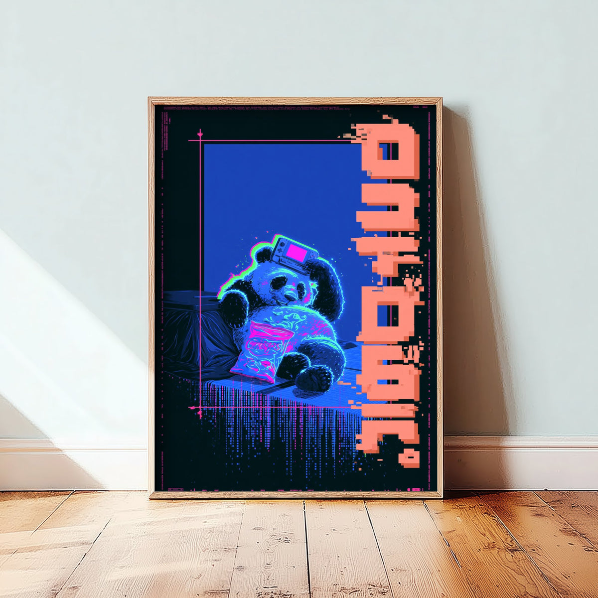 Panda with a Handheld Console Art Print - Cyberpunk Neon Tokyo Poster - Japanese Night City Illustration - Lazy Animals