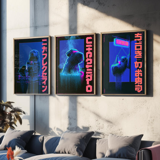 Cyberpunk Lazy Animals Set of Three Art Prints - Sea Otter, Capybara and Sloth in Neon Tokyo - Japanese Synthwave Poster Illustrations V2
