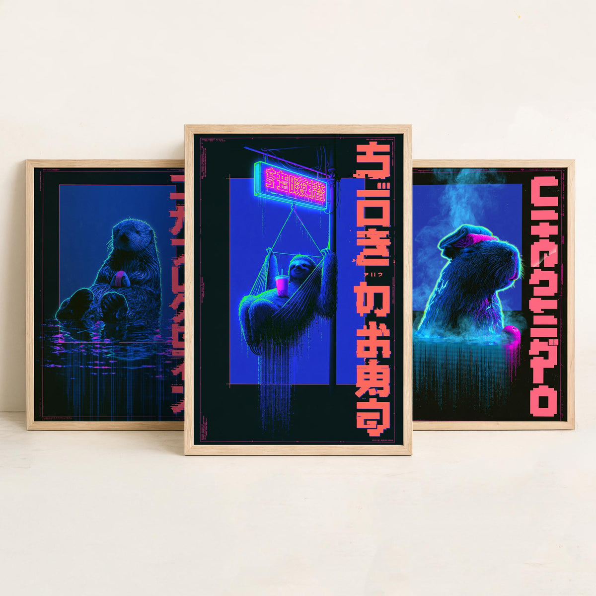 Cyberpunk Lazy Animals Set of Three Art Prints - Sea Otter, Capybara and Sloth in Neon Tokyo - Japanese Synthwave Poster Illustrations V2