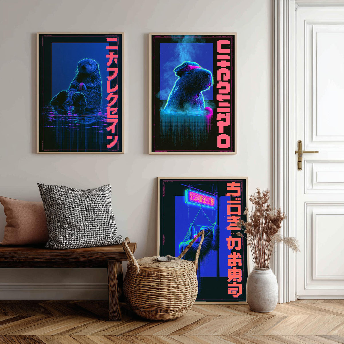 Cyberpunk Lazy Animals Set of Three Art Prints - Sea Otter, Capybara and Sloth in Neon Tokyo - Japanese Synthwave Poster Illustrations V2