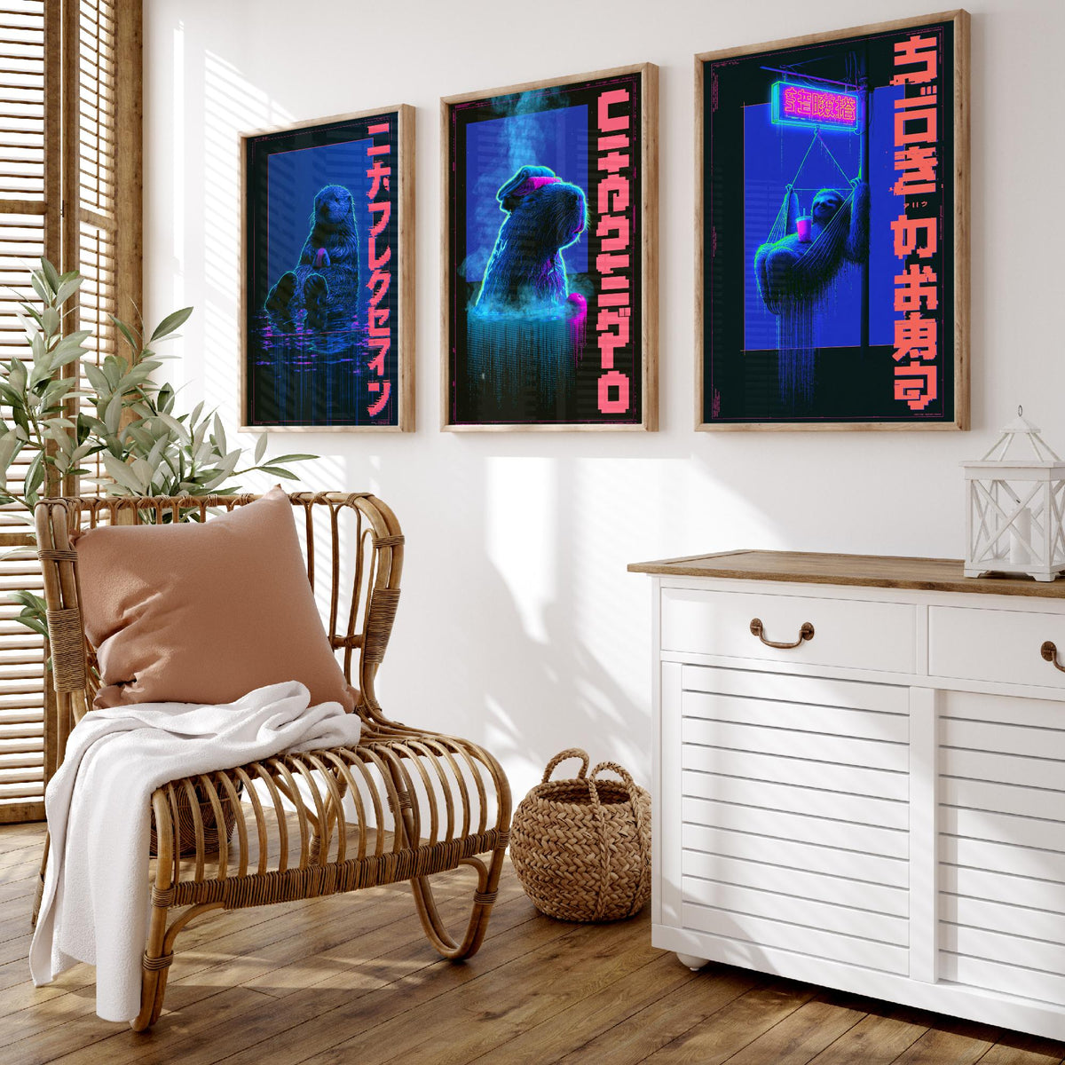 Cyberpunk Lazy Animals Set of Three Art Prints - Sea Otter, Capybara and Sloth in Neon Tokyo - Japanese Synthwave Poster Illustrations V2